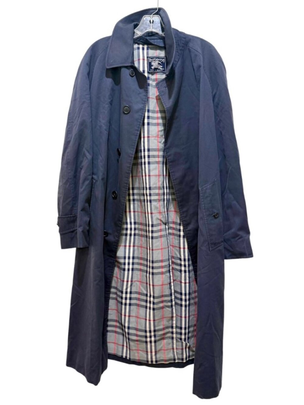 Vintage Burberry Navy Cotton Blend Prorsum Nova Check Trench Coat Sz L
